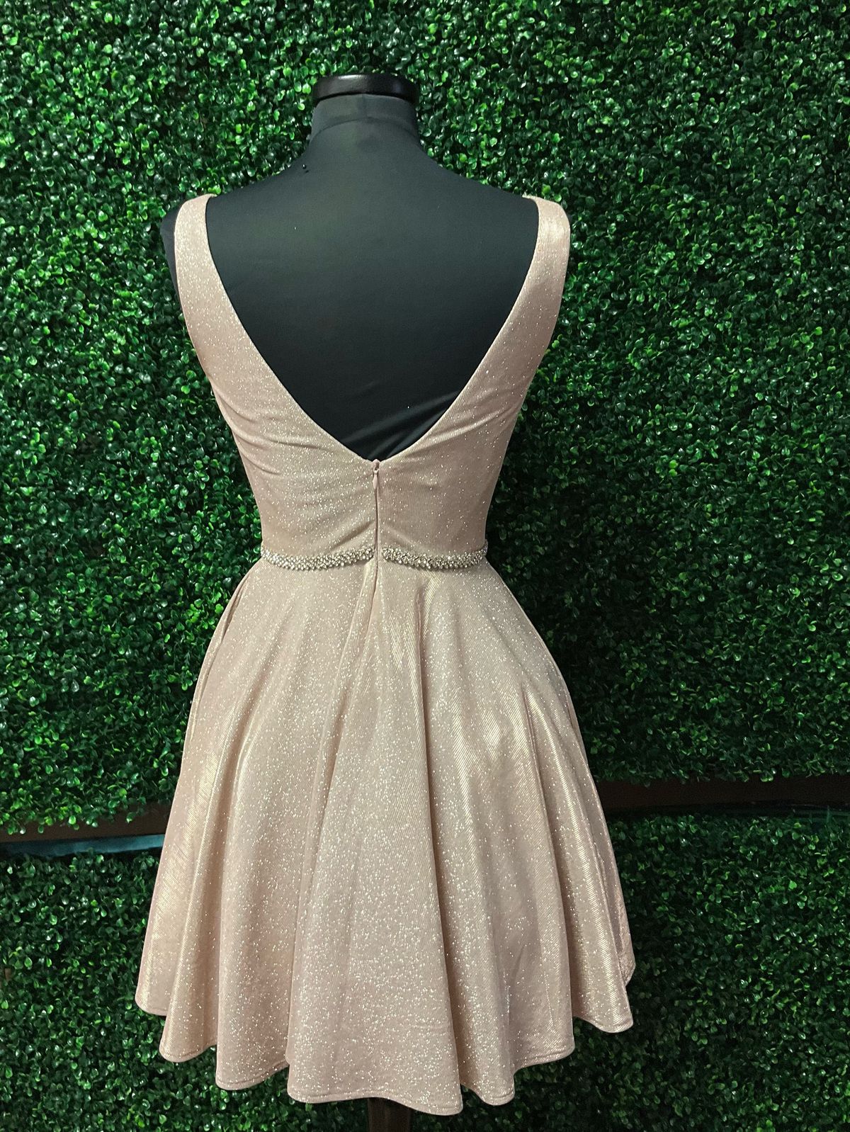 Style 3142 Dancing Queen Size 4 Plunge Rose Gold A-line Dress on Queenly