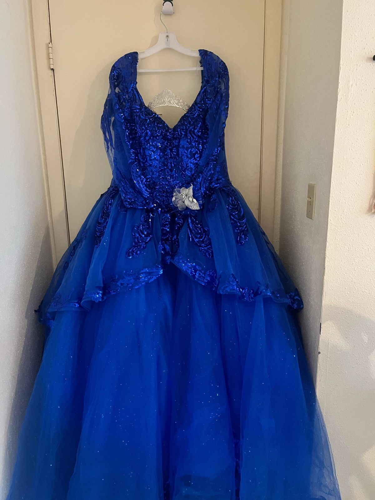 Plus Size 16 Long Sleeve Blue Ball Gown on Queenly