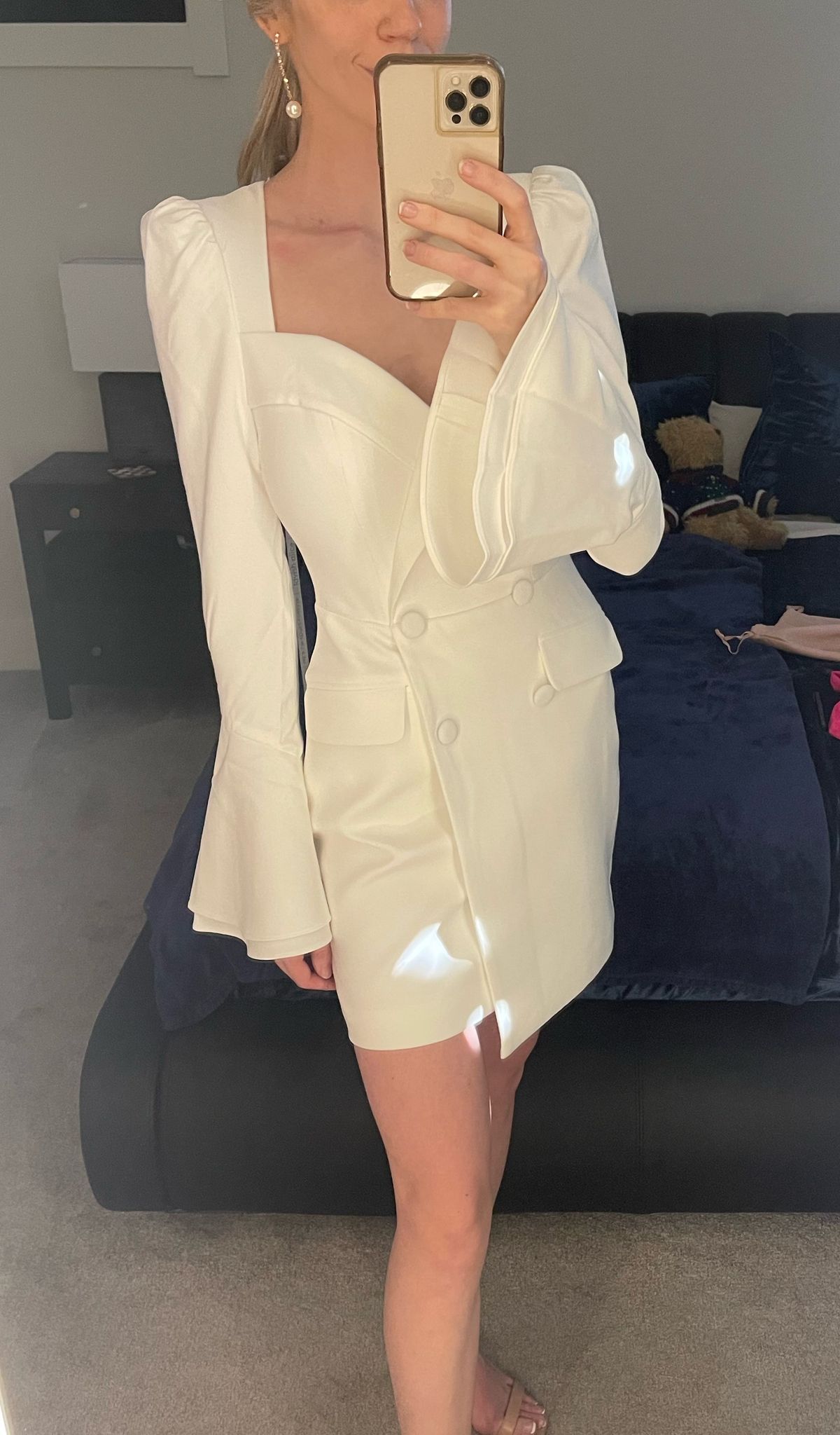 Style REBECCAH FLARED SLEEVE BLAZER MINI DRESS IN WHITE Lavish Alice Size XS Long Sleeve White Cocktail Dress on Queenly