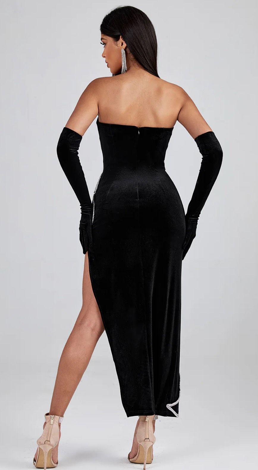 Style Asymmetric Backless Velvet Dress with Gloves Wolddress Size XS Strapless Velvet Black Side Slit Dress on Queenly