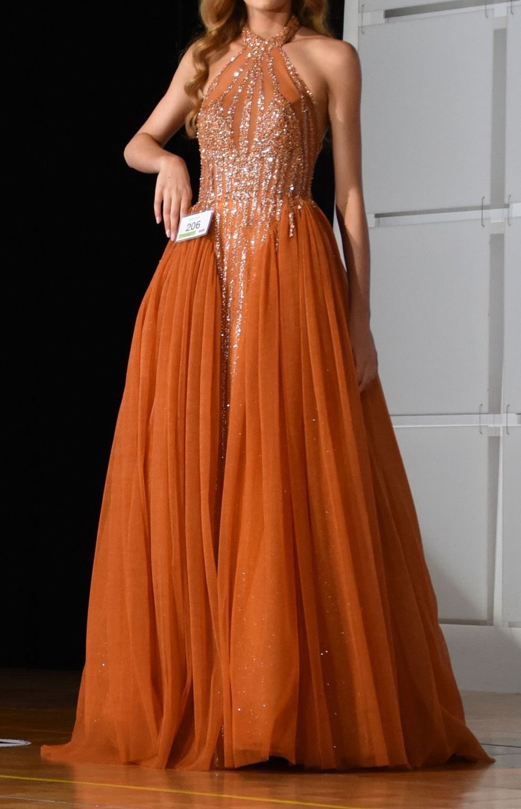 Mambo Couture Size 0 Pageant Halter Orange Ball Gown on Queenly