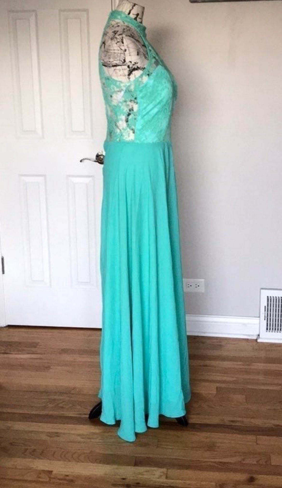Size M Prom High Neck Sheer Turquoise Green A-line Dress on Queenly