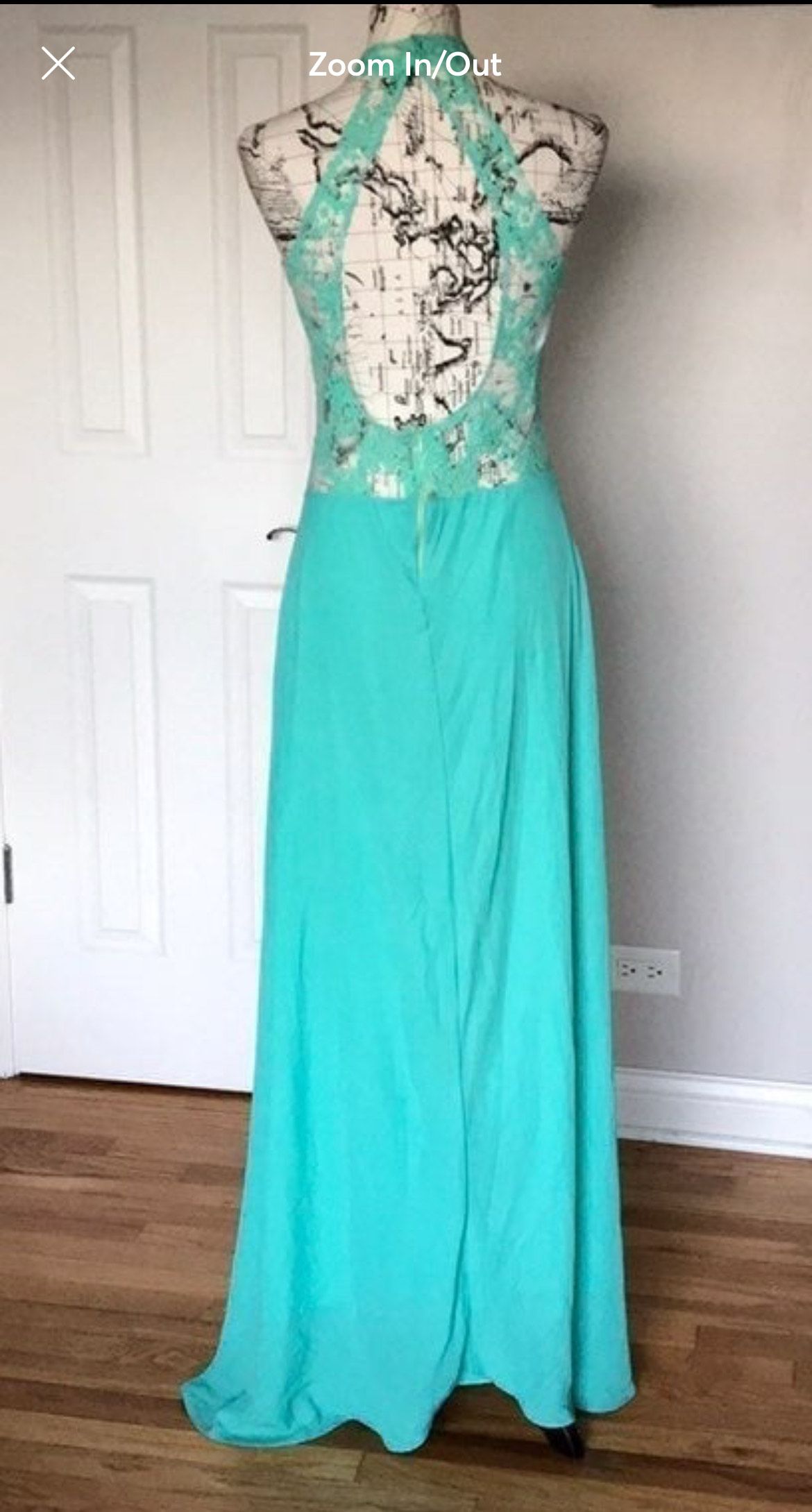Size M Prom High Neck Sheer Turquoise Green A-line Dress on Queenly