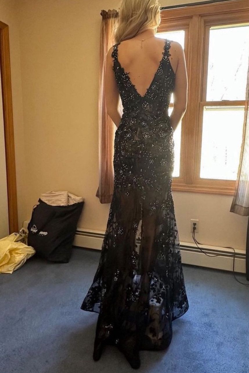 Style 7367 Jasz Couture Size XS Prom Plunge Black Side Slit Dress on Queenly