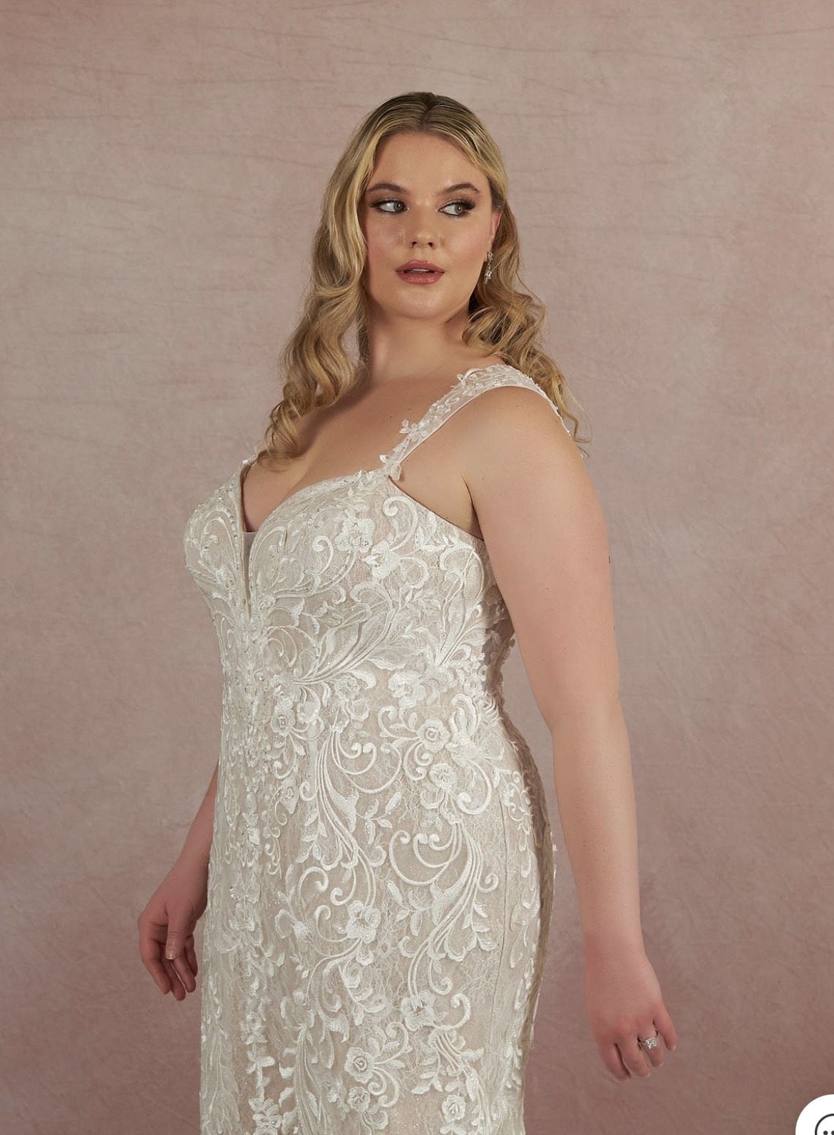 Style AZAZIE GARDNER Mermaid Sequins Lace Cathedral Train Dress Diamond White/Champagne Azazie Plus Size 18 Plunge Lace Nude Mermaid Dress on Queenly