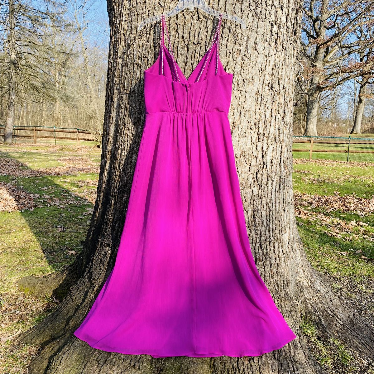 David's Bridal Size 10 Bridesmaid Plunge Sequined Hot Pink Floor Length Maxi on Queenly