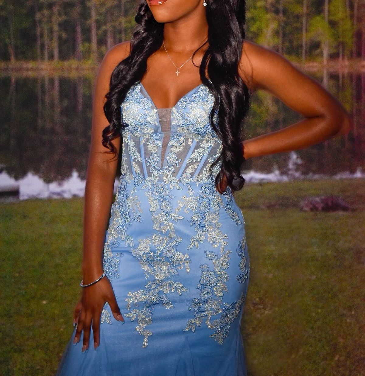Camille La Vie Size 2 Prom Plunge Lace Blue Mermaid Dress on Queenly