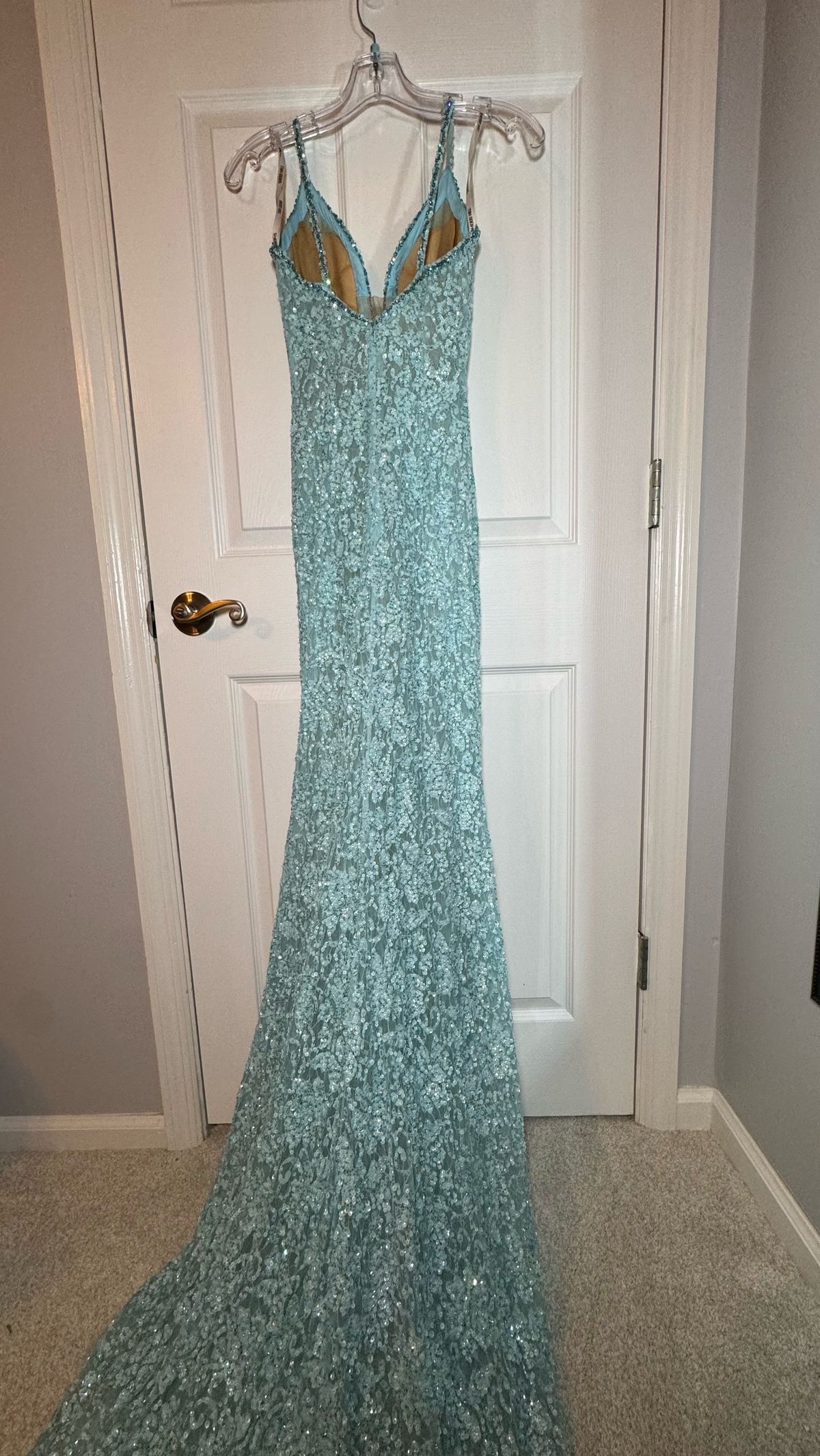 Style 55447 Sherri Hill Size 00 Pageant Plunge Light Blue Side Slit Dress on Queenly