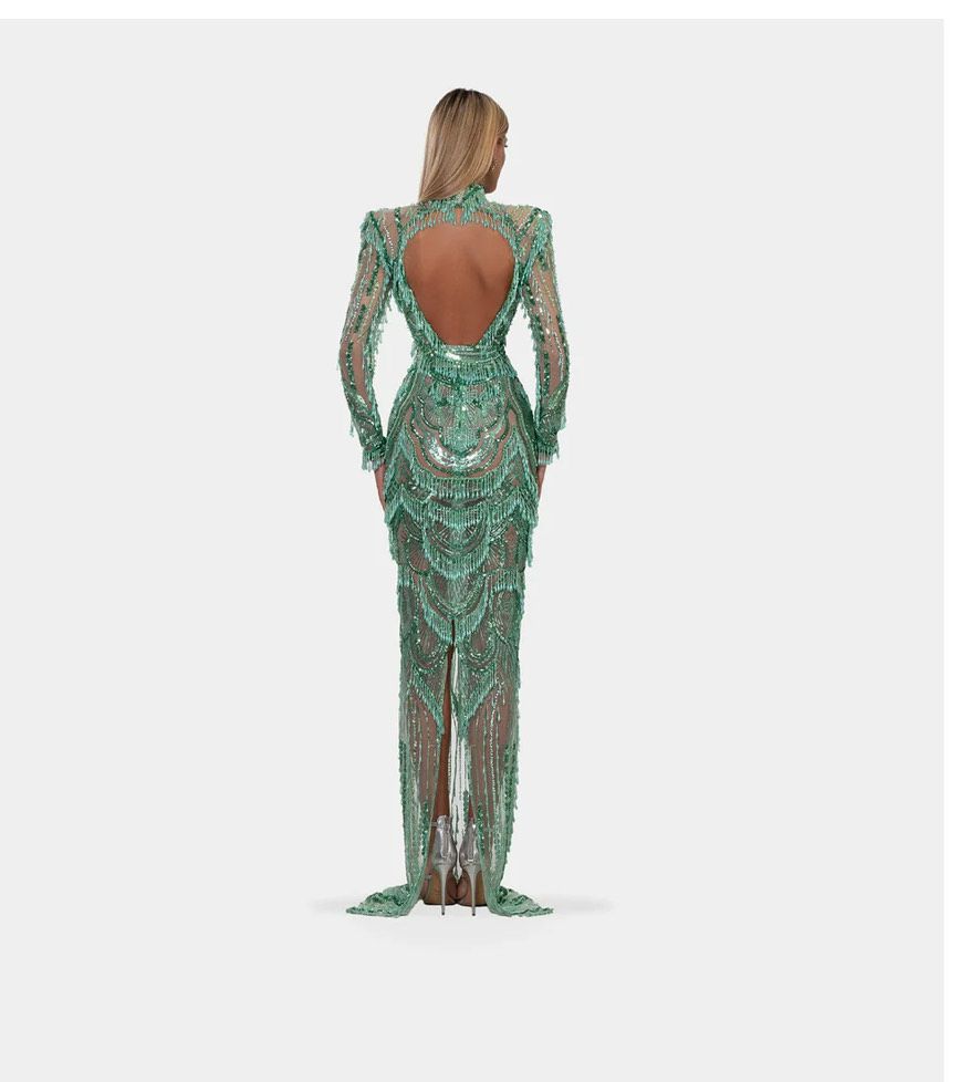 Albina Dyla Size 8 Prom Long Sleeve Sequined Light Green Floor Length Maxi on Queenly