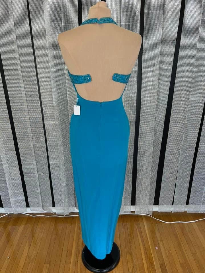 Size 4 Prom Halter Blue Floor Length Maxi on Queenly