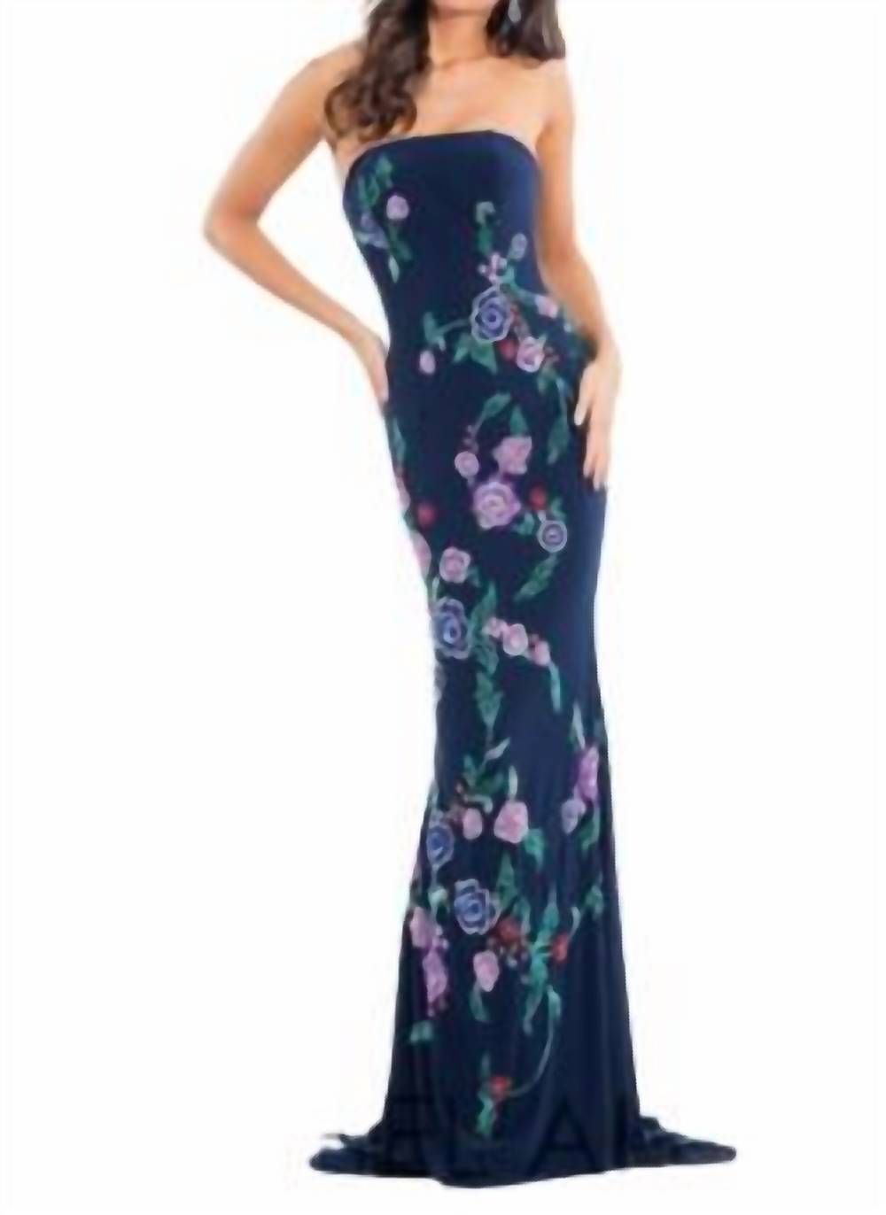 Style 1-3506212220-1498 RACHEL ALLAN Size 4 Strapless Floral Navy Blue Floor Length Maxi on Queenly