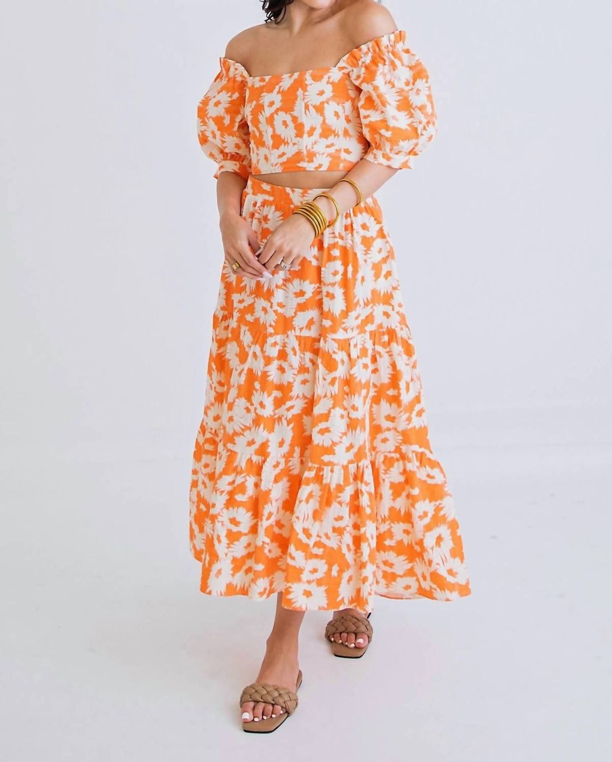 Style 1-1634124126-149 Karlie Size L Wedding Guest Off The Shoulder Floral Orange Floor Length Maxi on Queenly