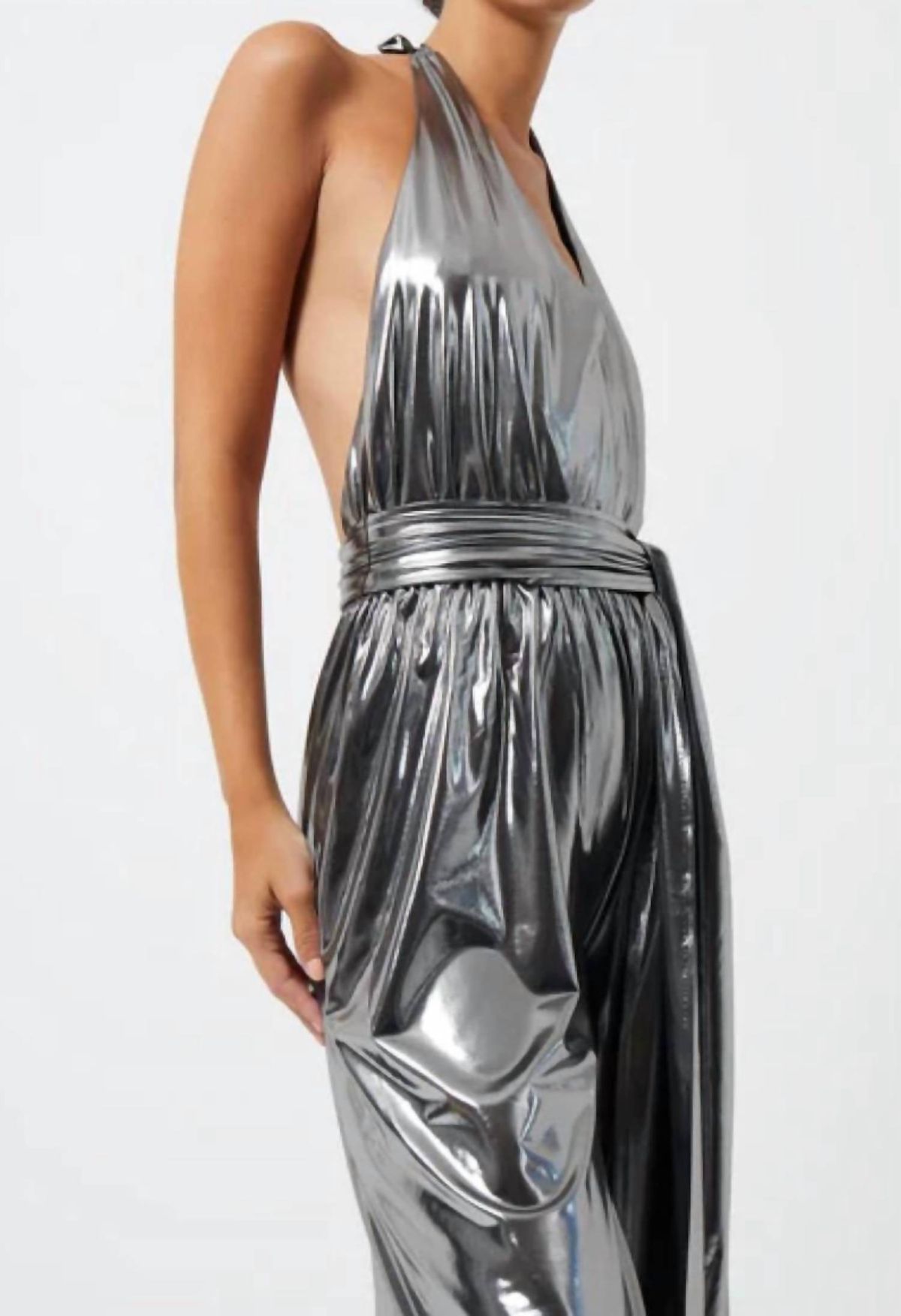 Style 1-2402667140-70 FRENCH CONNECTION Size XS Halter Silver Formal Jumpsuit on Queenly