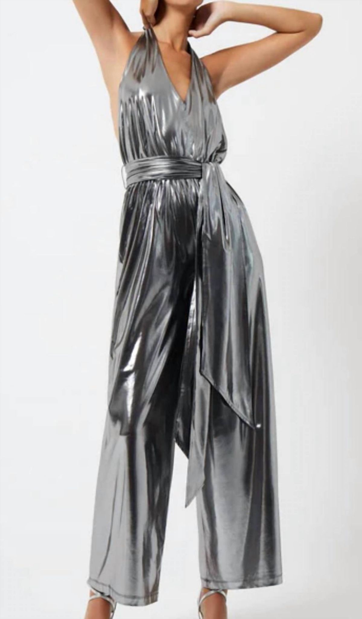 Style 1-2402667140-74 FRENCH CONNECTION Size S Halter Silver Formal Jumpsuit on Queenly