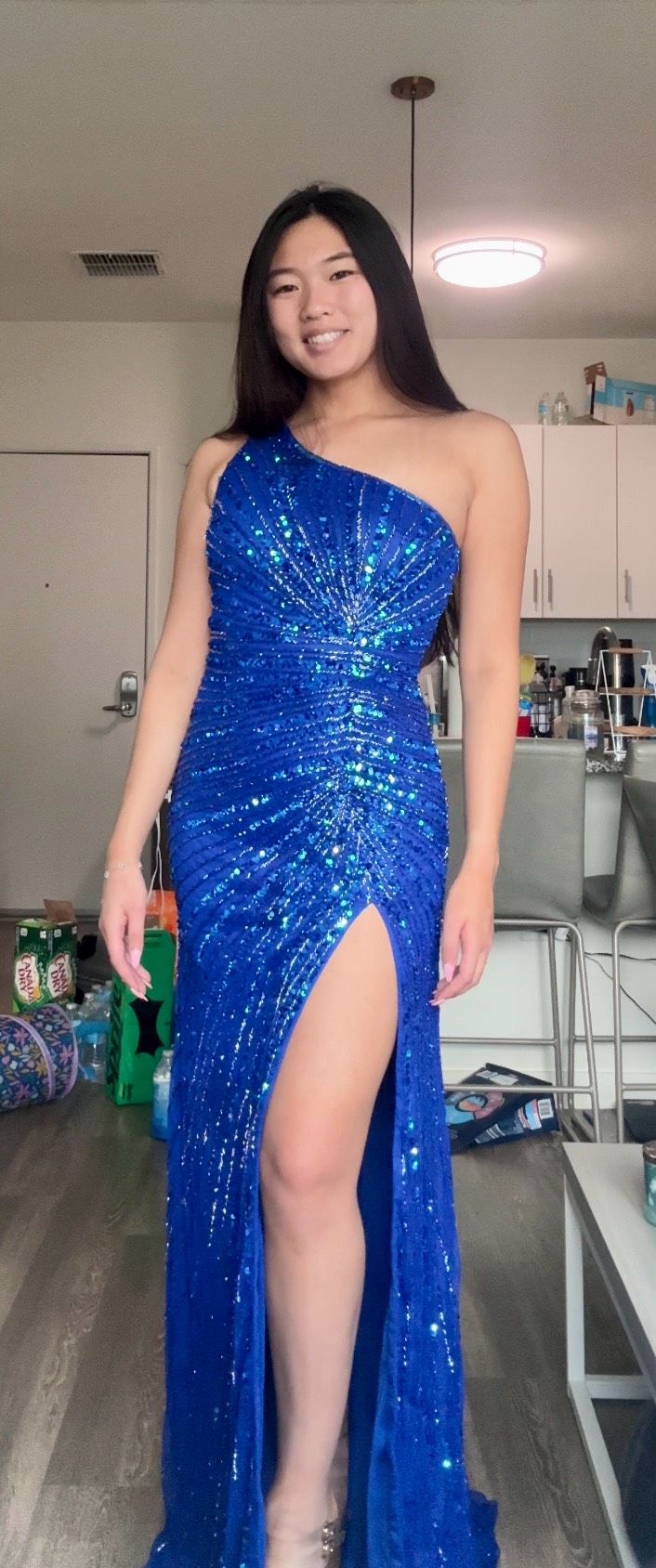Style PS329X Portia and Scarlett Size 2 Prom Royal Blue Side Slit Dress on Queenly