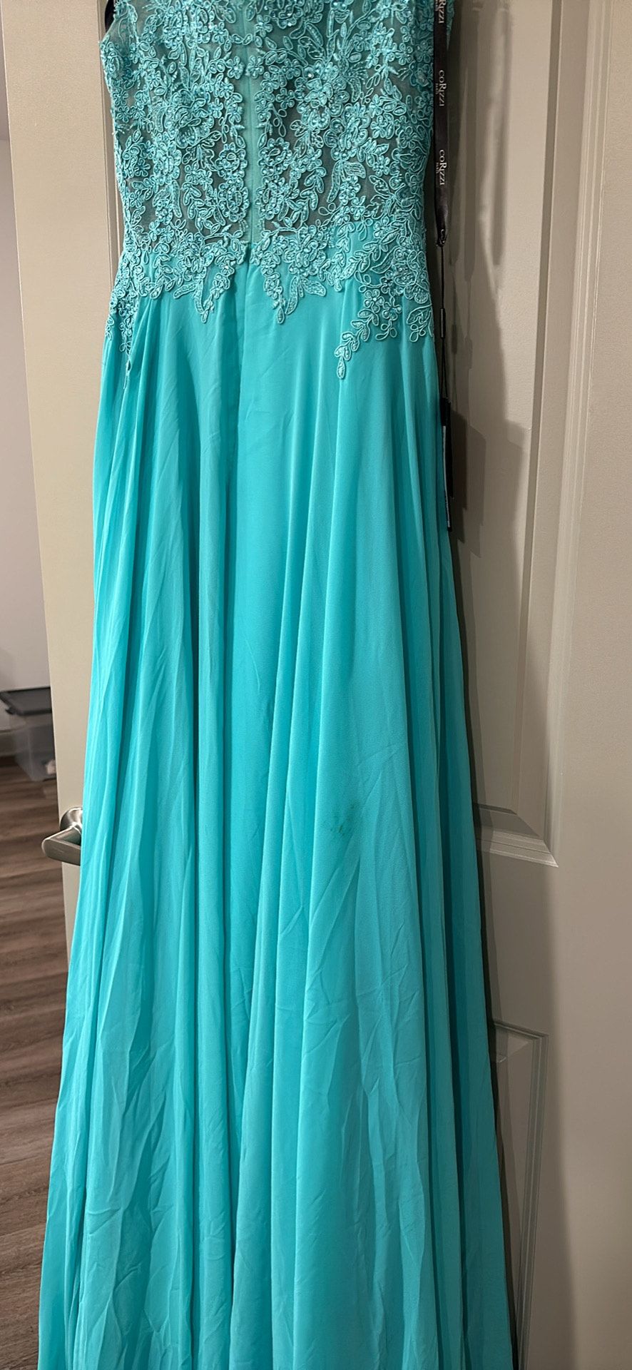 Corizzi Size 6 Prom Off The Shoulder Turquoise Blue A-line Dress on Queenly