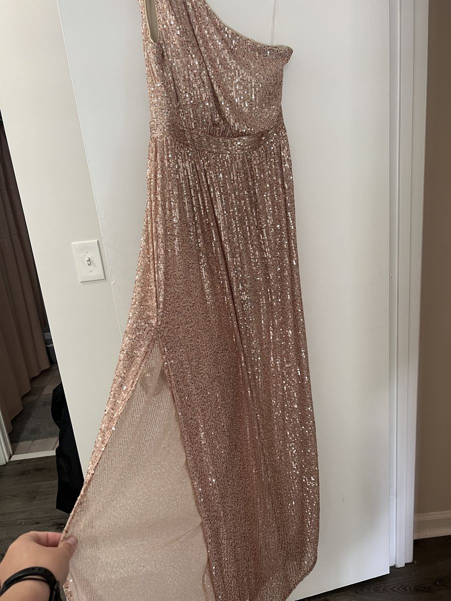 Size 10 One Shoulder Sheer Gold A-line Dress on Queenly