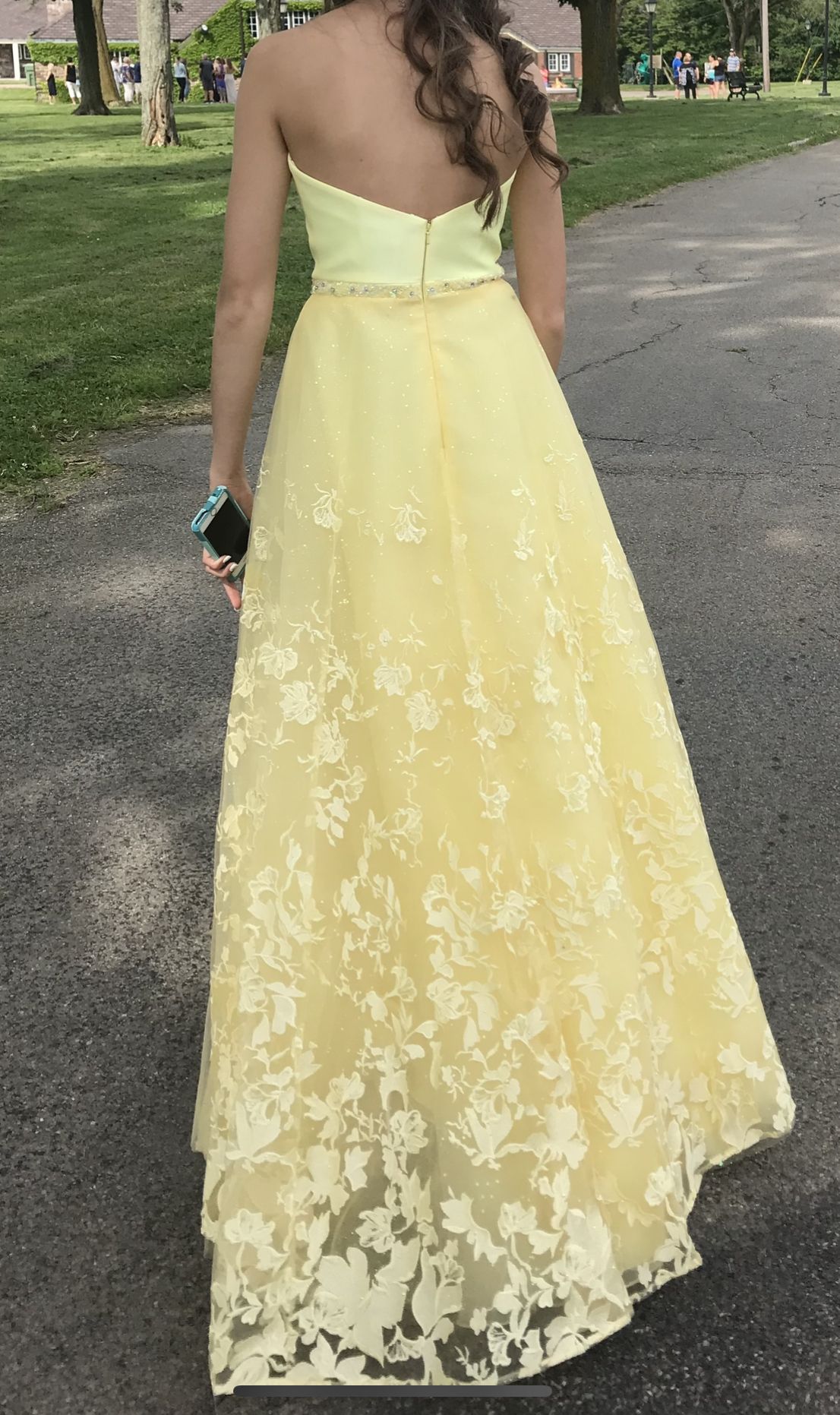 Size 0 Prom Strapless Floral Yellow Ball Gown on Queenly