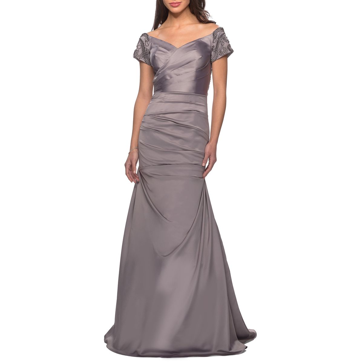Style 25996 La Femme Size 12 Off The Shoulder Silver A-line Dress on Queenly