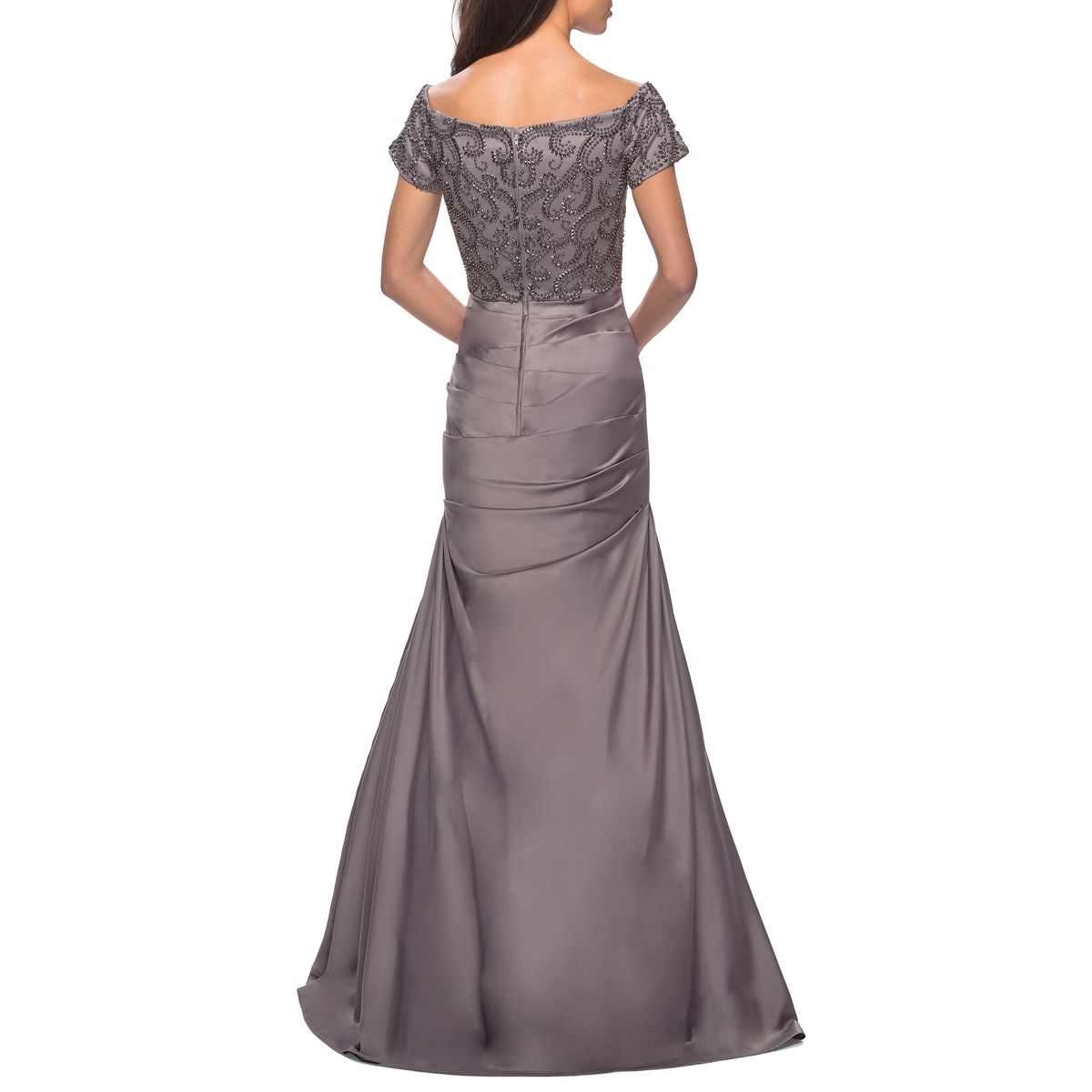 Style 25996 La Femme Size 12 Off The Shoulder Silver A-line Dress on Queenly
