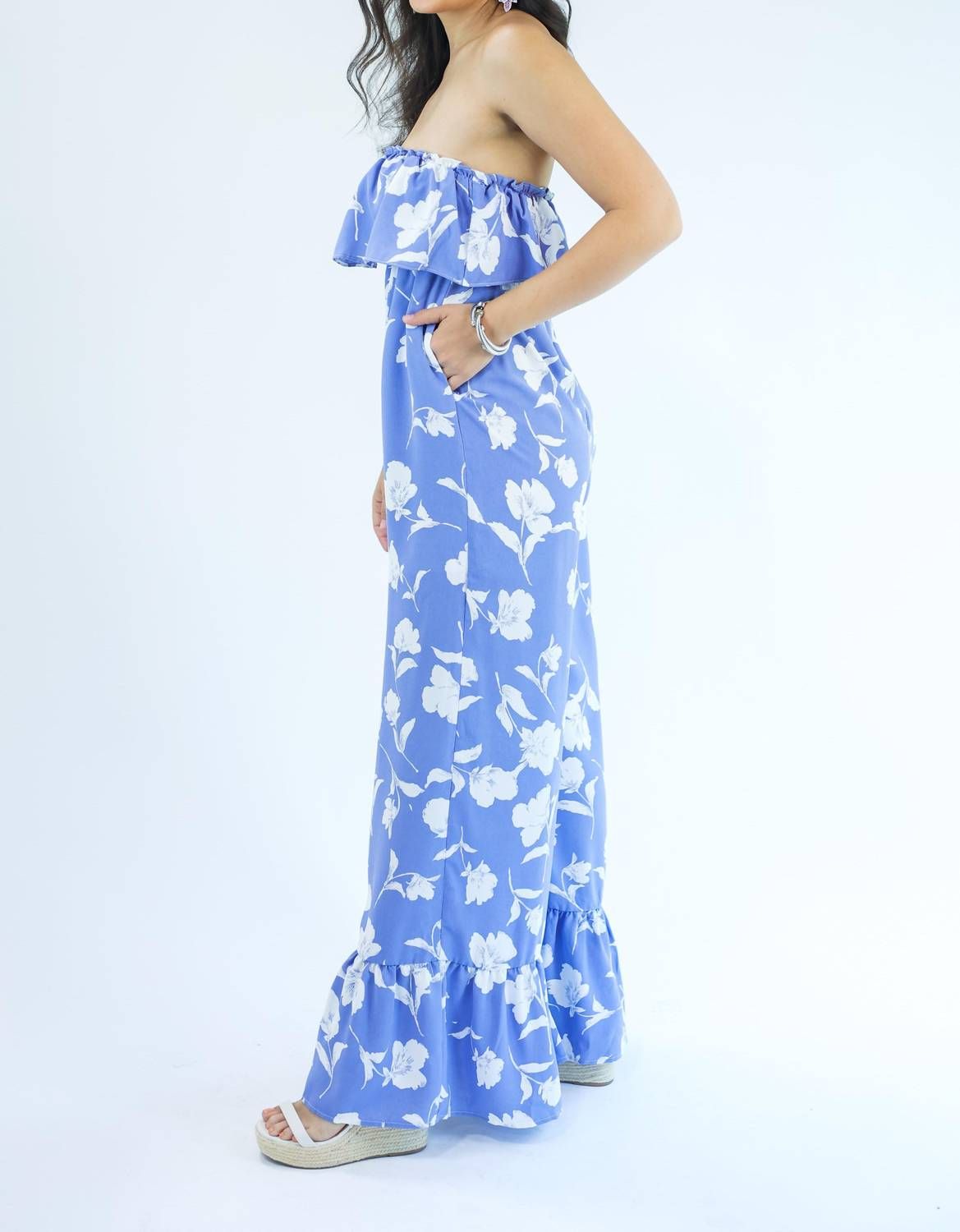 Style 1-1224882814-74 TCEC Size S Strapless Floral Blue Formal Jumpsuit on Queenly
