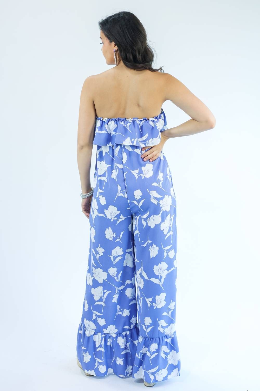 Style 1-1224882814-74 TCEC Size S Strapless Floral Blue Formal Jumpsuit on Queenly