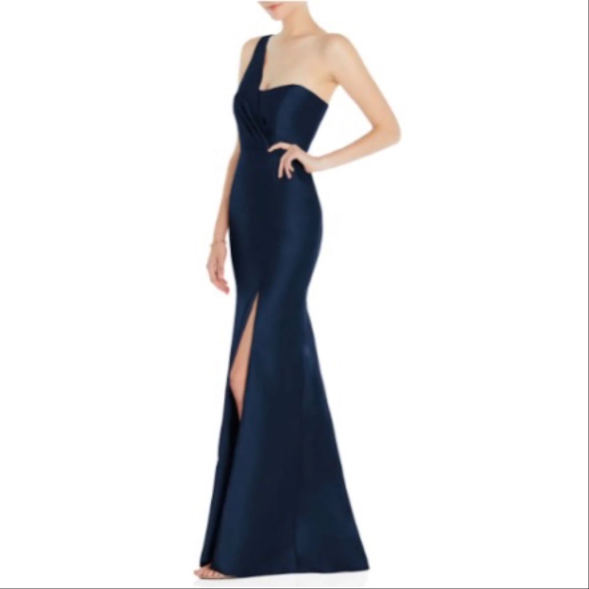 Style D827 Alfred Sung Size 6 One Shoulder Blue Side Slit Dress on Queenly