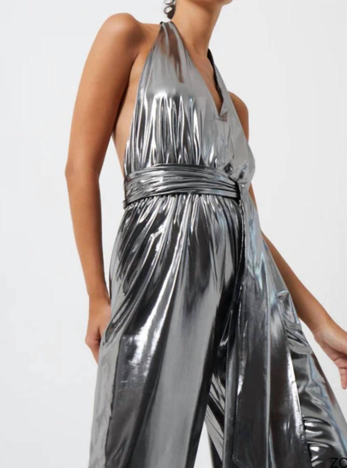 Style 1-2402667140-70 FRENCH CONNECTION Size XS Halter Silver Formal Jumpsuit on Queenly