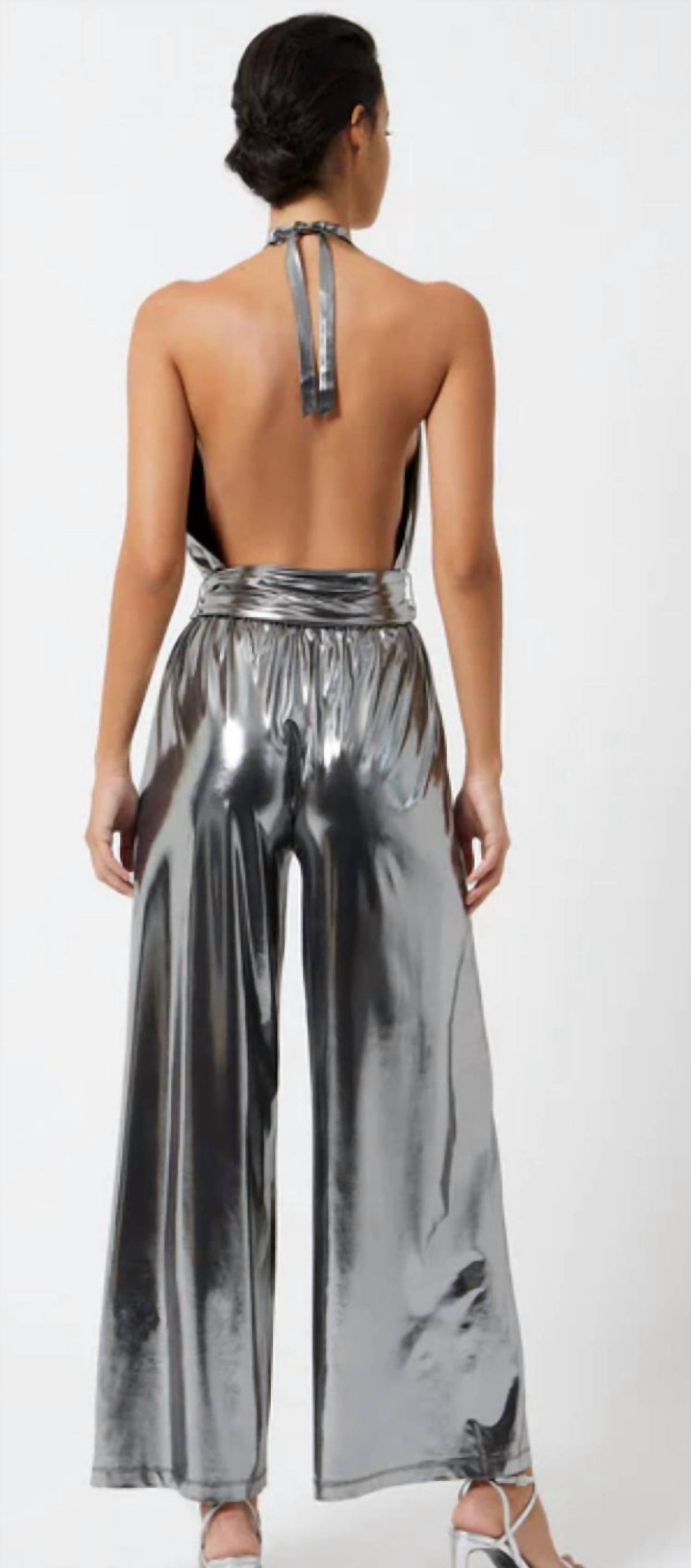 Style 1-2402667140-74 FRENCH CONNECTION Size S Halter Silver Formal Jumpsuit on Queenly