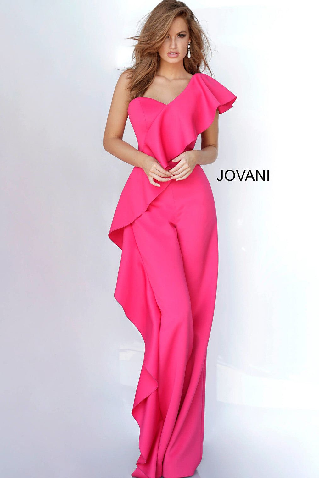 Jovani Size 8 Prom One Shoulder Pink Formal Jumpsuit on Queenly