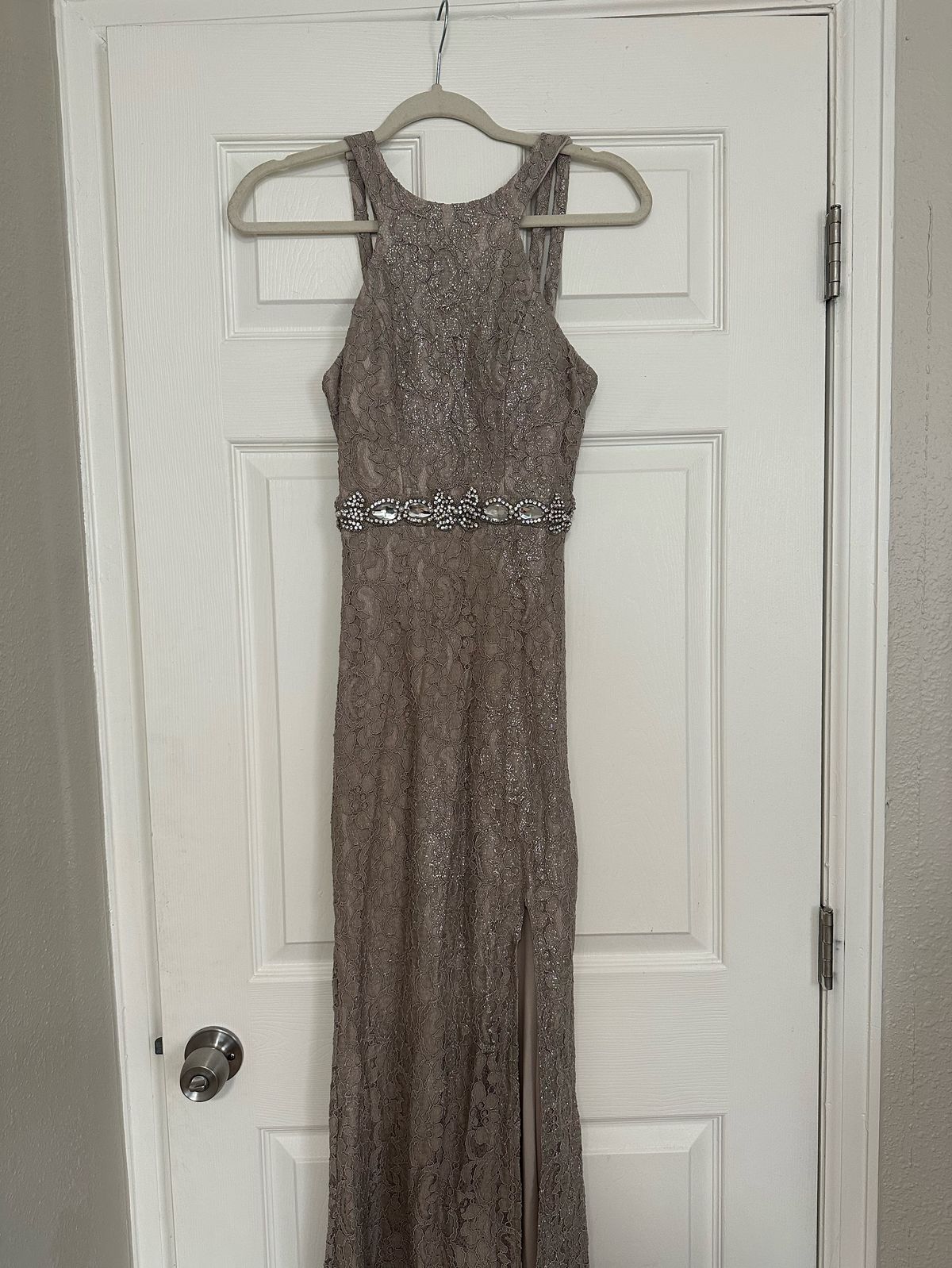 Jodi Kristopher Size XS High Neck Nude Side Slit Dress on Queenly