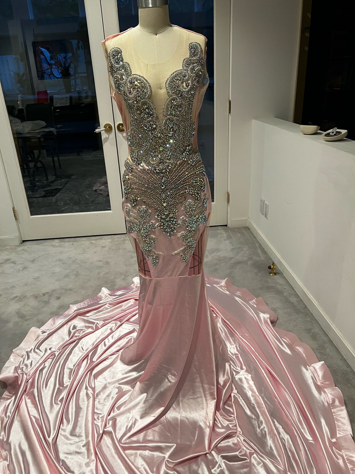 Custom Size XL Prom Strapless Sheer Pink Mermaid Dress on Queenly