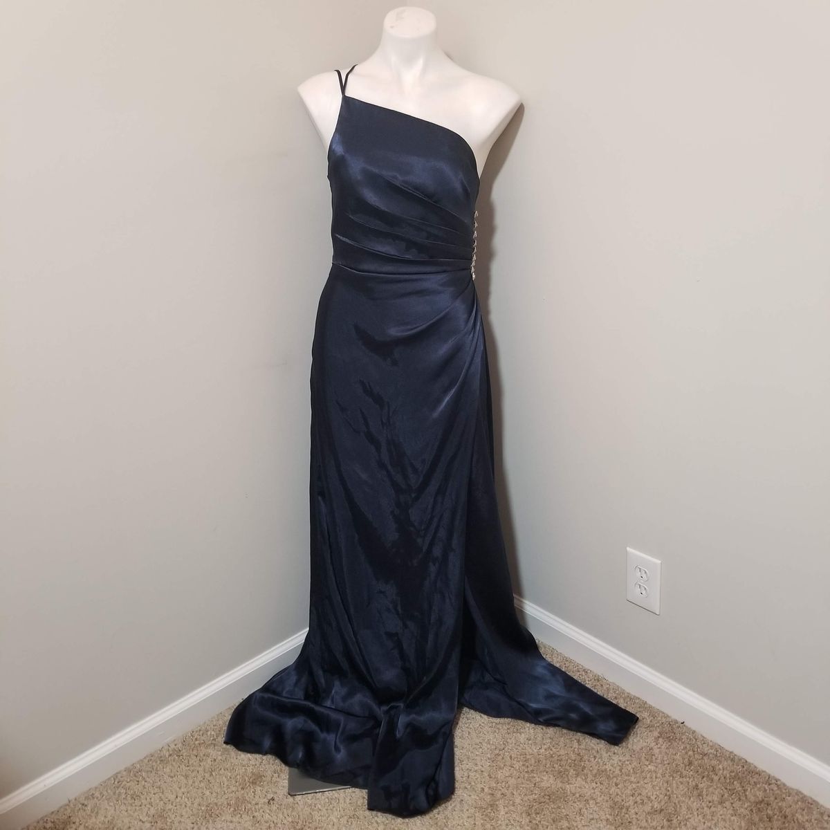 Style GS290018 Galina Signature Size 2 One Shoulder Sequined Navy Blue Side Slit Dress on Queenly