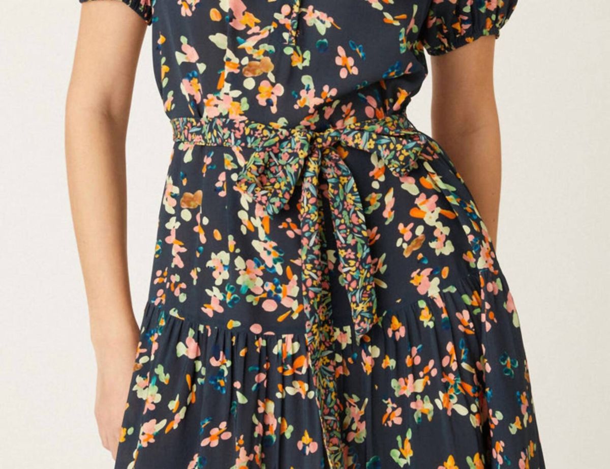 Style 1-421408764-98 Shoshanna Size 10 High Neck Floral Navy Blue Cocktail Dress on Queenly