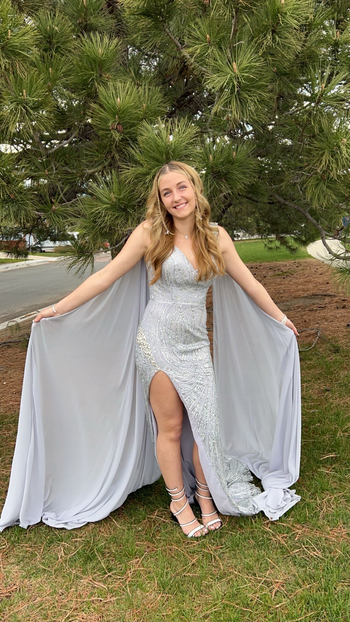 Size 6 Prom Plunge Silver Side Slit Dress on Queenly