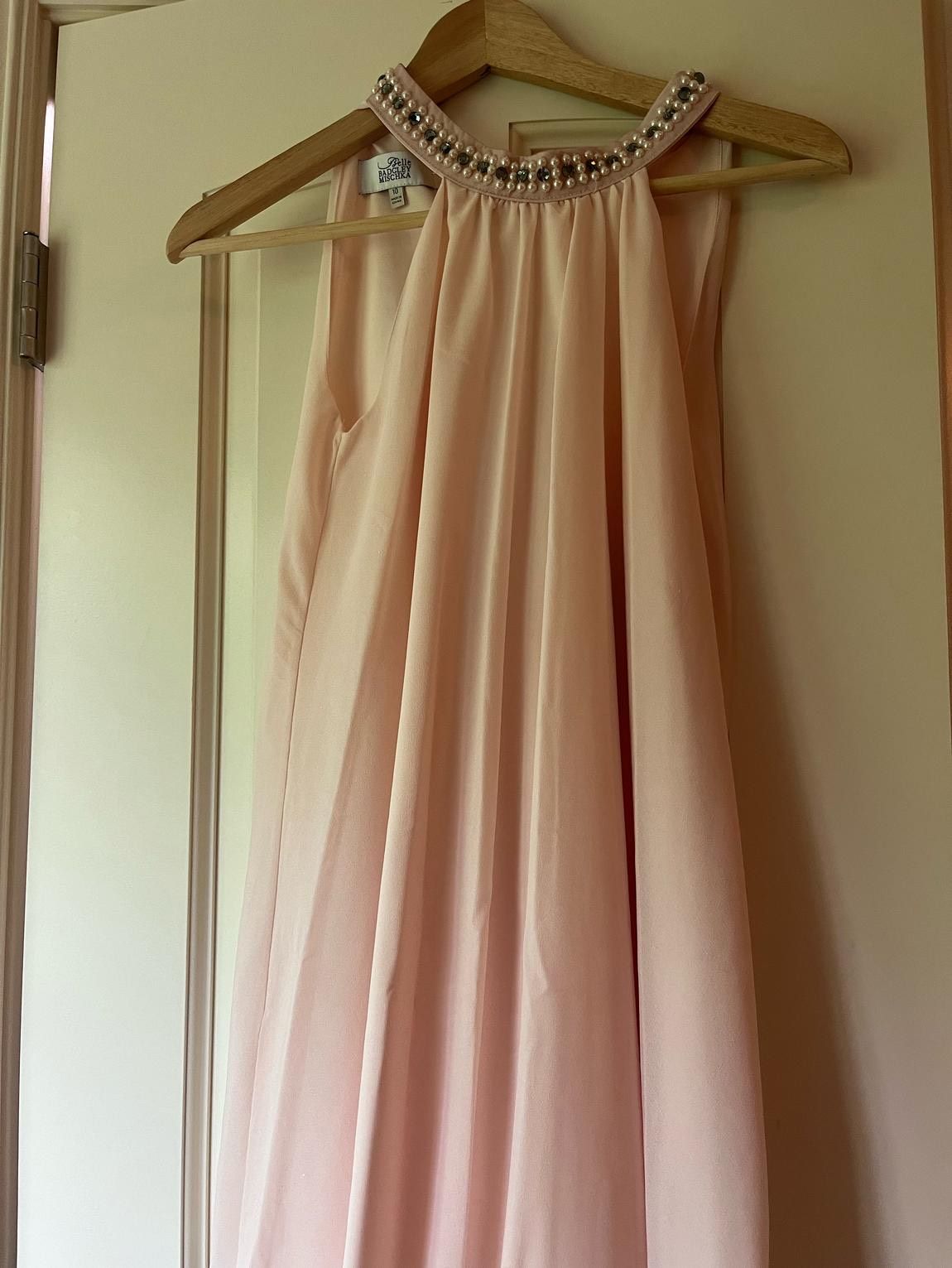 Girls Size 10 Prom High Neck Sequined Light Pink Floor Length Maxi on Queenly