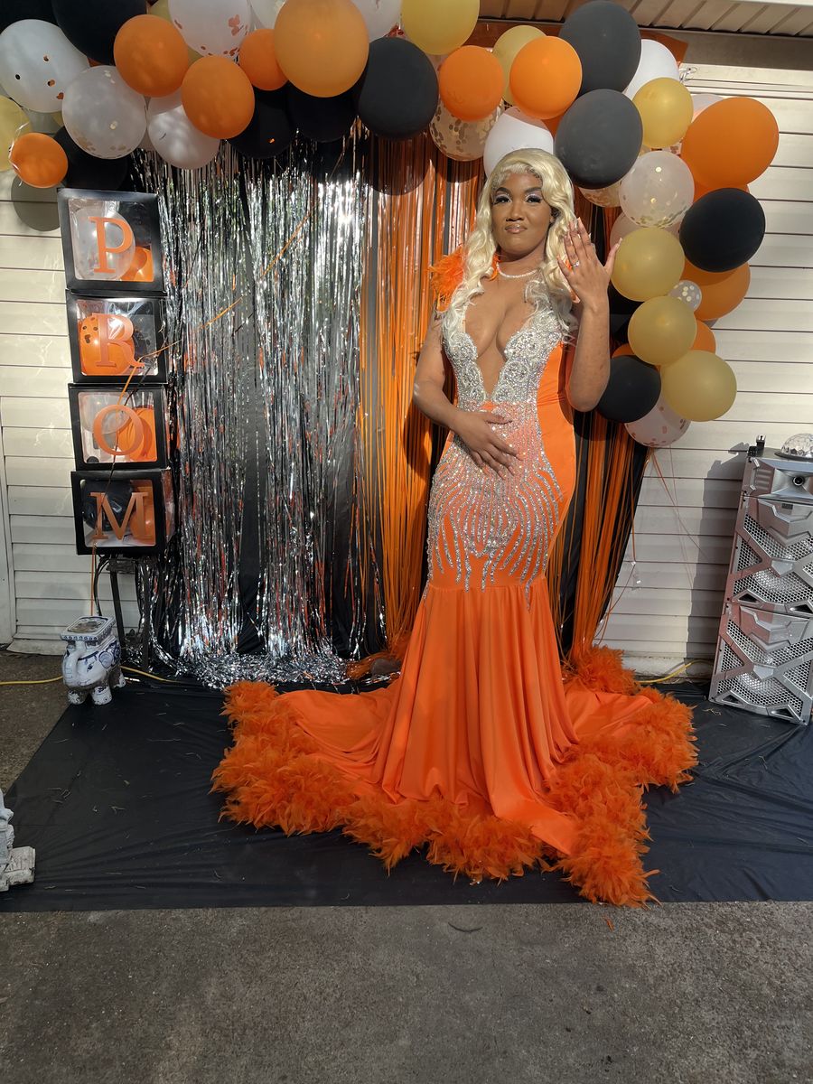 Size 14 Prom Orange Mermaid Dress on Queenly
