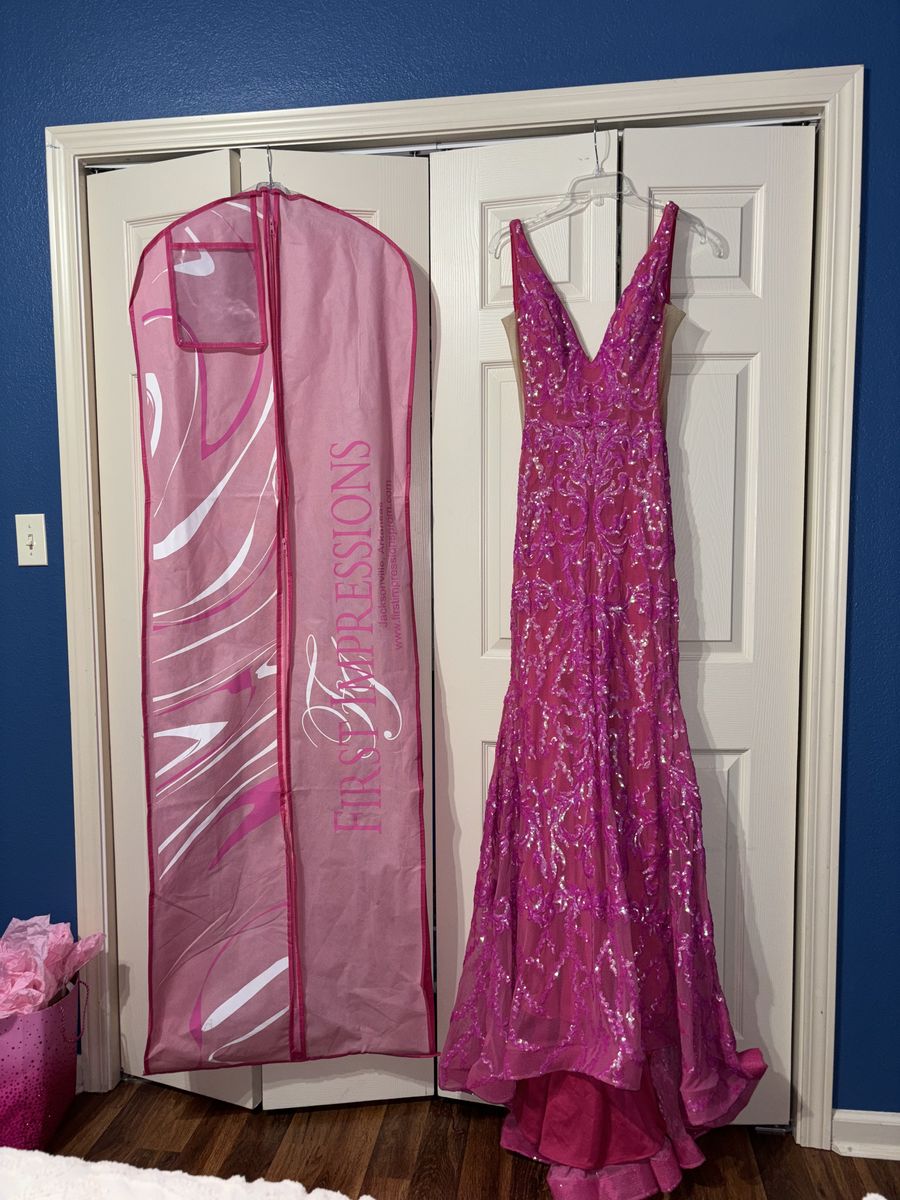 Style 81120 Jovani Size 2 Prom Plunge Pink Mermaid Dress on Queenly