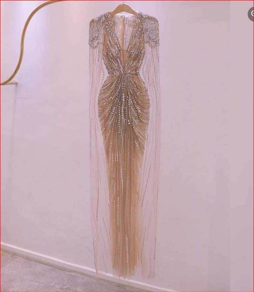 Minh Tuan couture Customized beaded cap sleeves nude see through Size 4 Pageant Plunge Sequined Nude Mermaid Dress on Queenly