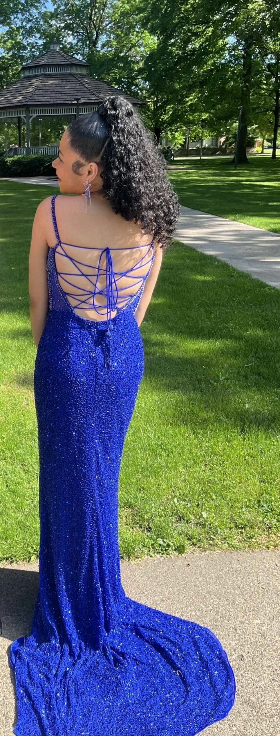 Style 11448 Ashley Lauren Size 8 Prom Blue Side Slit Dress on Queenly