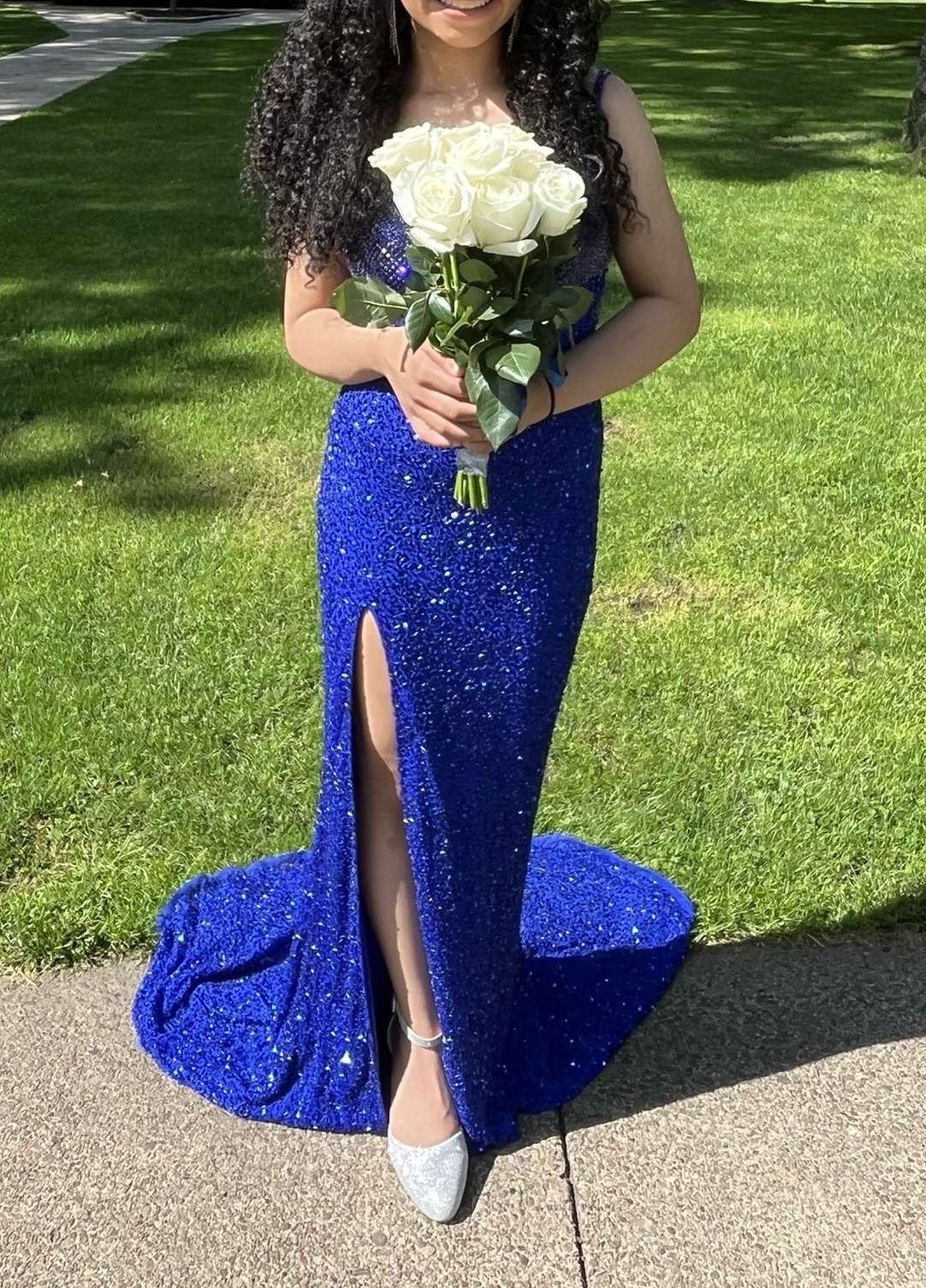 Style 11448 Ashley Lauren Size 8 Prom Blue Side Slit Dress on Queenly