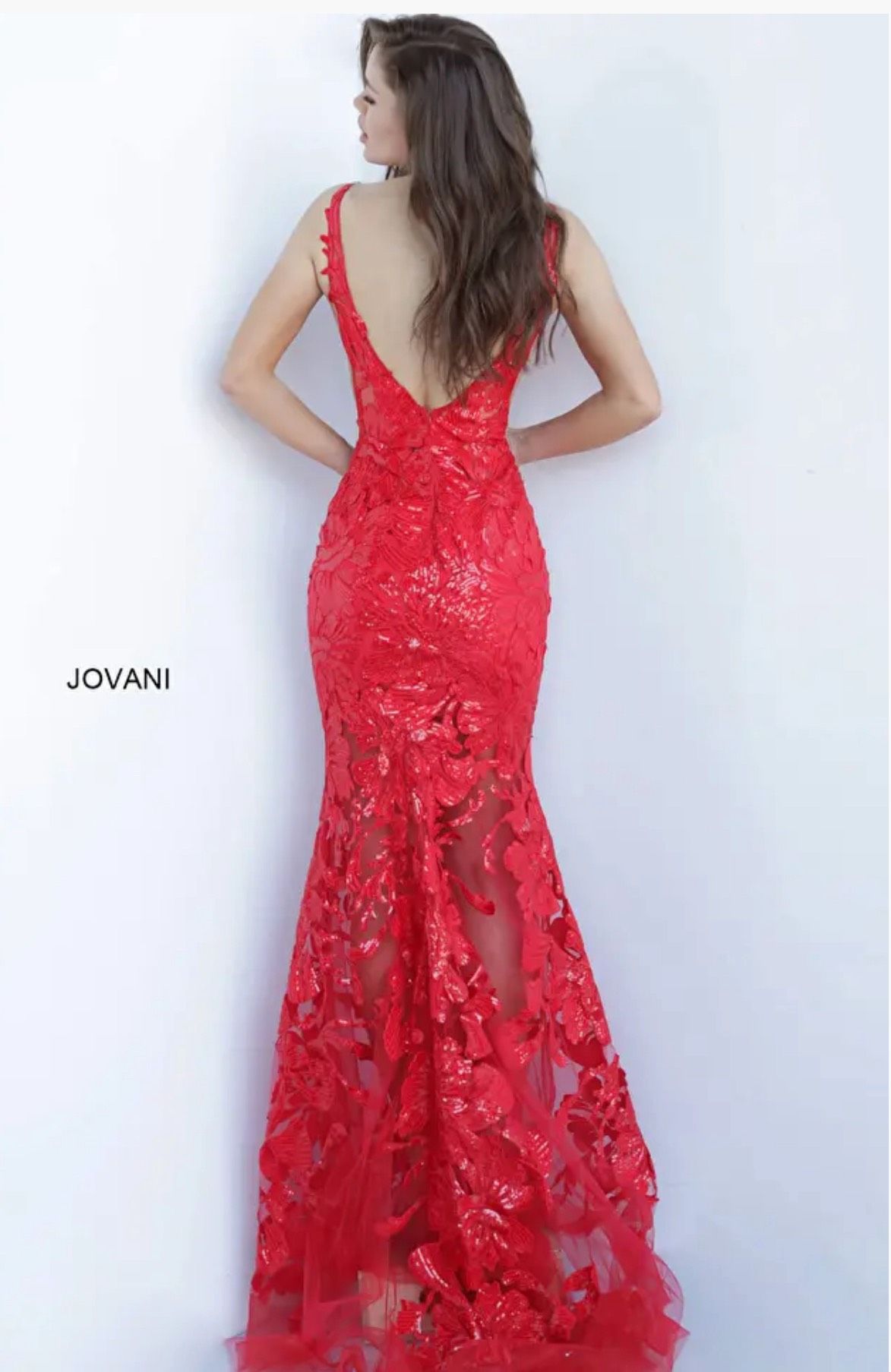 Style 60283 Jovani Size 8 Prom Plunge Sheer Red Mermaid Dress on Queenly