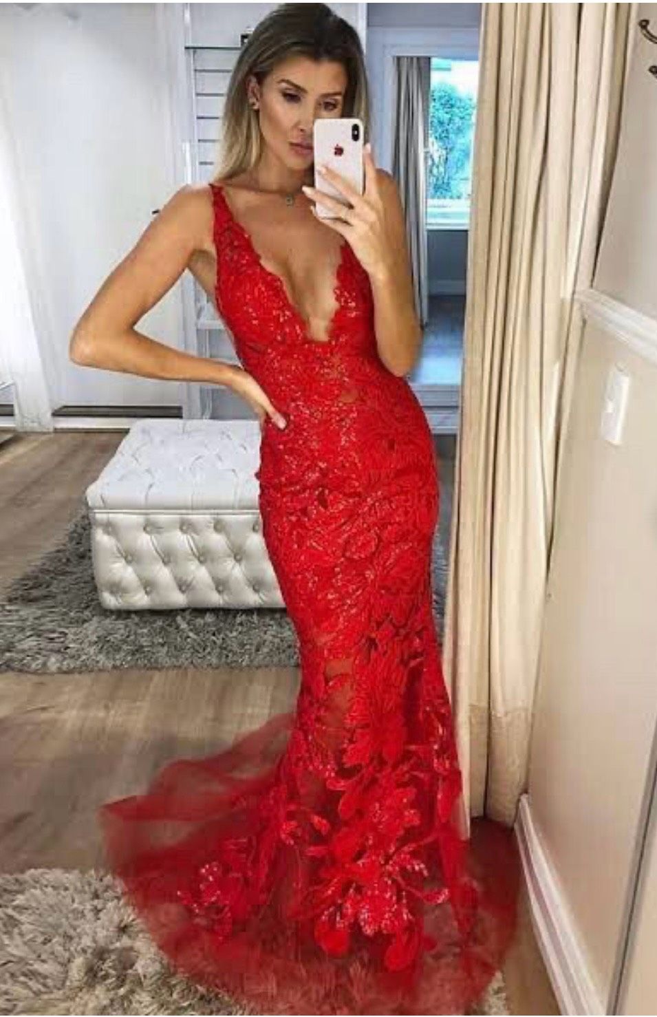 Style 60283 Jovani Size 8 Prom Plunge Sheer Red Mermaid Dress on Queenly