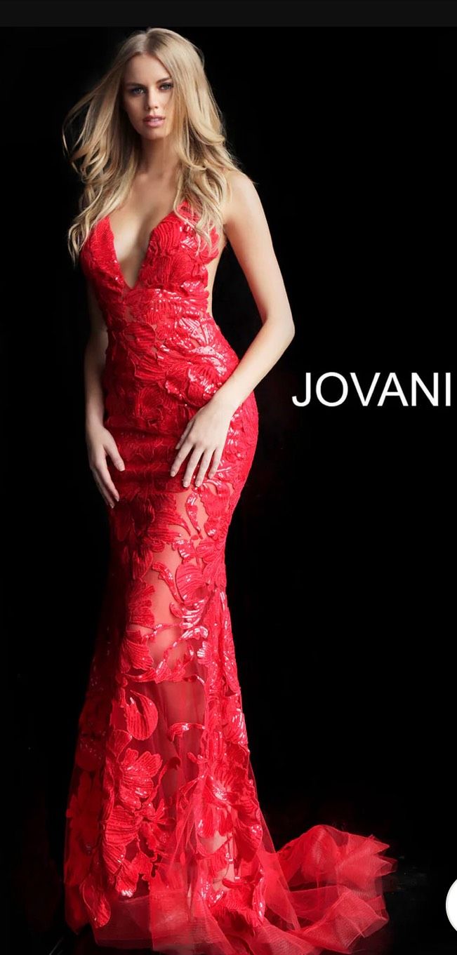 Style 60283 Jovani Size 8 Prom Plunge Sheer Red Mermaid Dress on Queenly