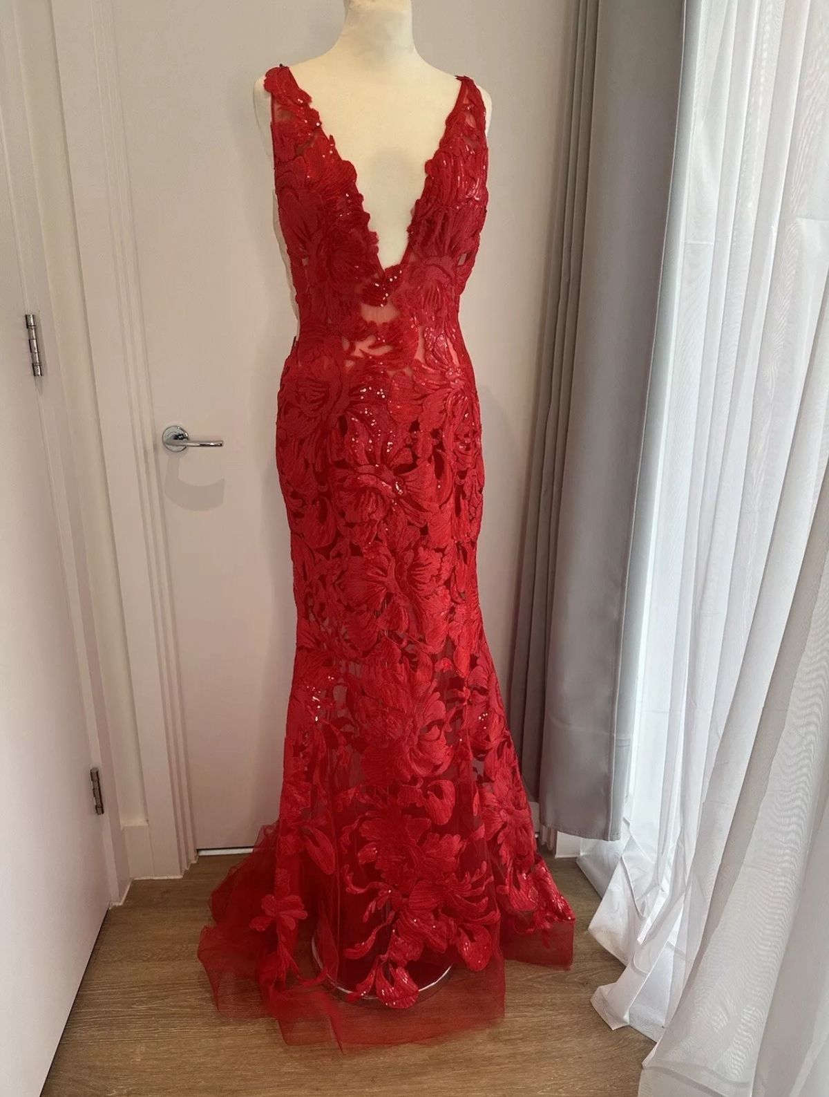 Style 60283 Jovani Size 8 Prom Plunge Sheer Red Mermaid Dress on Queenly