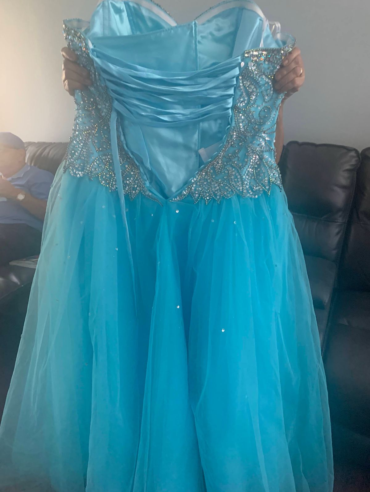 Plus Size 16 Prom Strapless Blue Dress With Train on Queenly