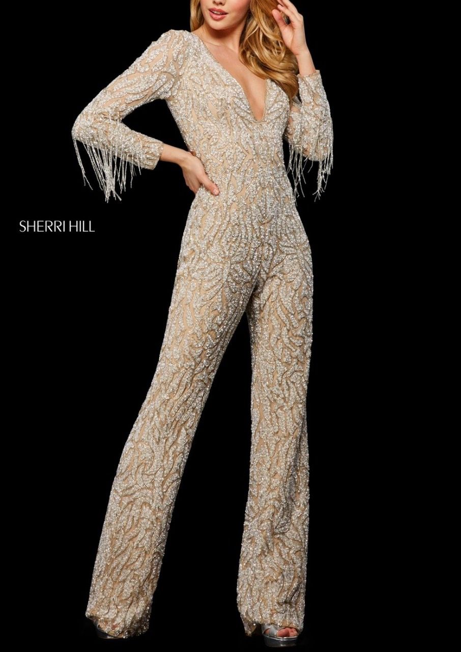 Style 53277 Sherri Hill Size 0 Long Sleeve Nude Formal Jumpsuit on Queenly