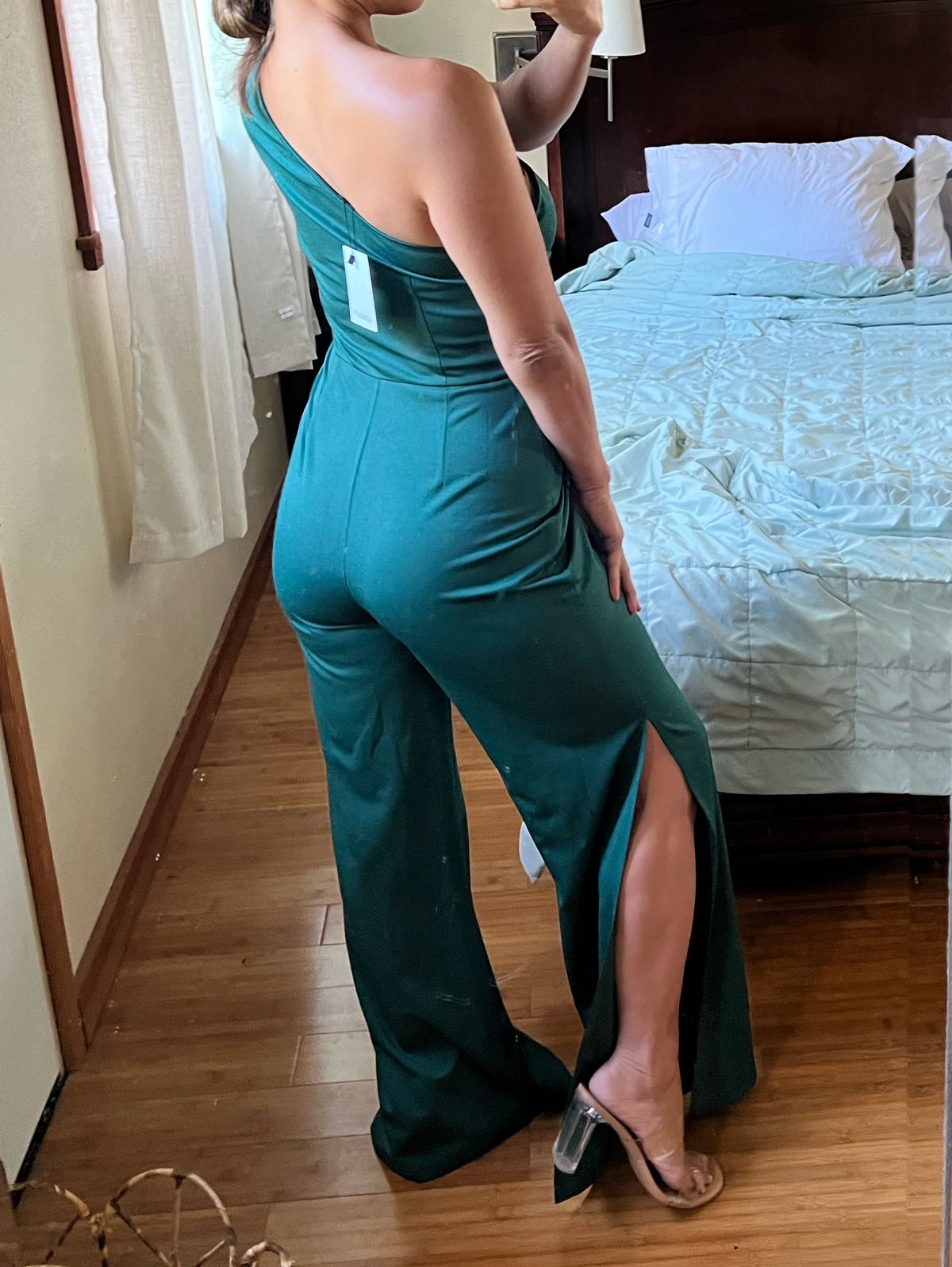 Size S Pageant One Shoulder Green Formal Jumpsuit on Queenly