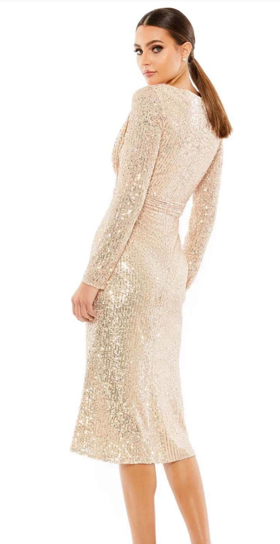 Style A26555 Mac Duggal Size 8 Long Sleeve Rose Gold Side Slit Dress on Queenly