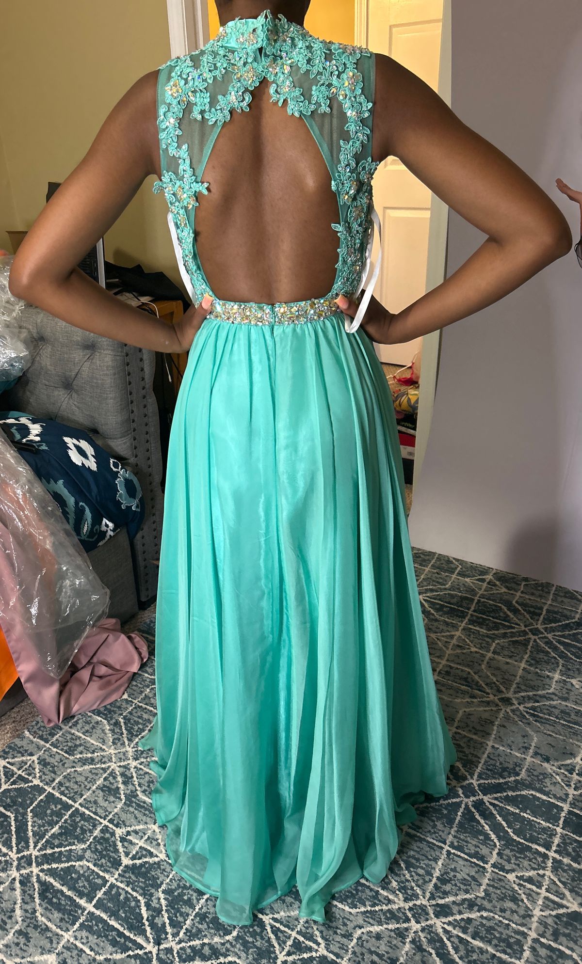 Size 2 Prom High Neck Blue A-line Dress on Queenly